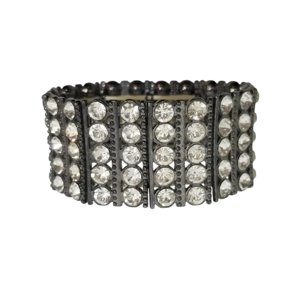 VINTAGE SILVERTONE & WHITE GLASS RHINESTONE PANEL STRETCH BRACELET - Picture 6 of 6